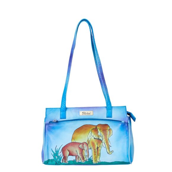 Women's Hand-Painted Leather Blue Shoulder Tote Bag with Animal Artwork - Picture 1 of 7
